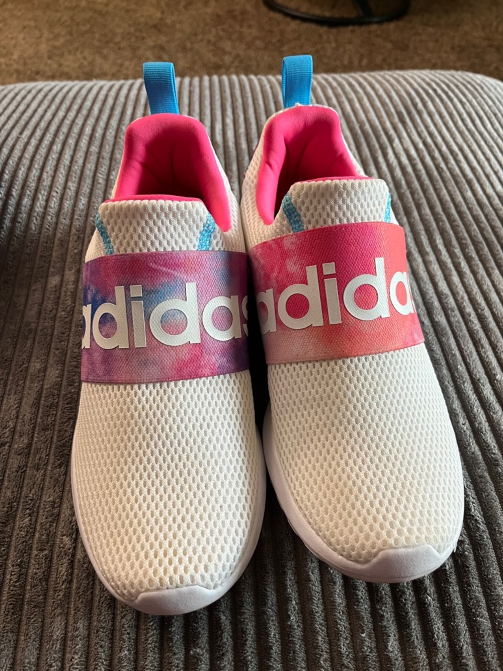 adidas Women’s White Slip-On Sneakers with Pink and Purple Tie-Dye Strap
